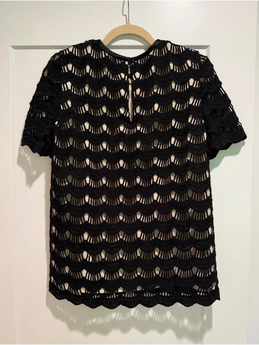 like New kate spade Black Scalloped Crochet Overlay Short Sleeve Top Medium